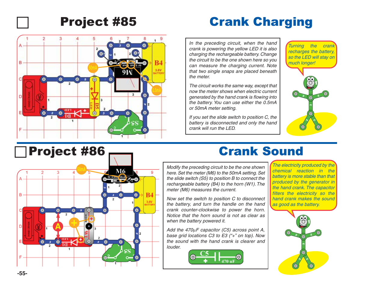 Crank sound project #85 crank charging, Project #86 | Elenco Green Projects User Manual | Page 56 / 80
