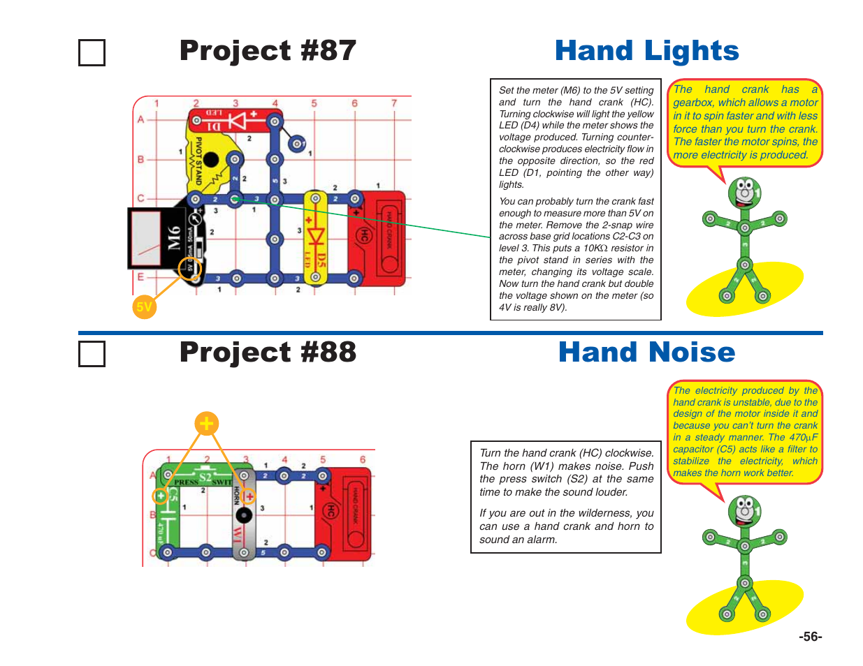 Hand noise project #87 hand lights, Project #88 | Elenco Green Projects User Manual | Page 57 / 80