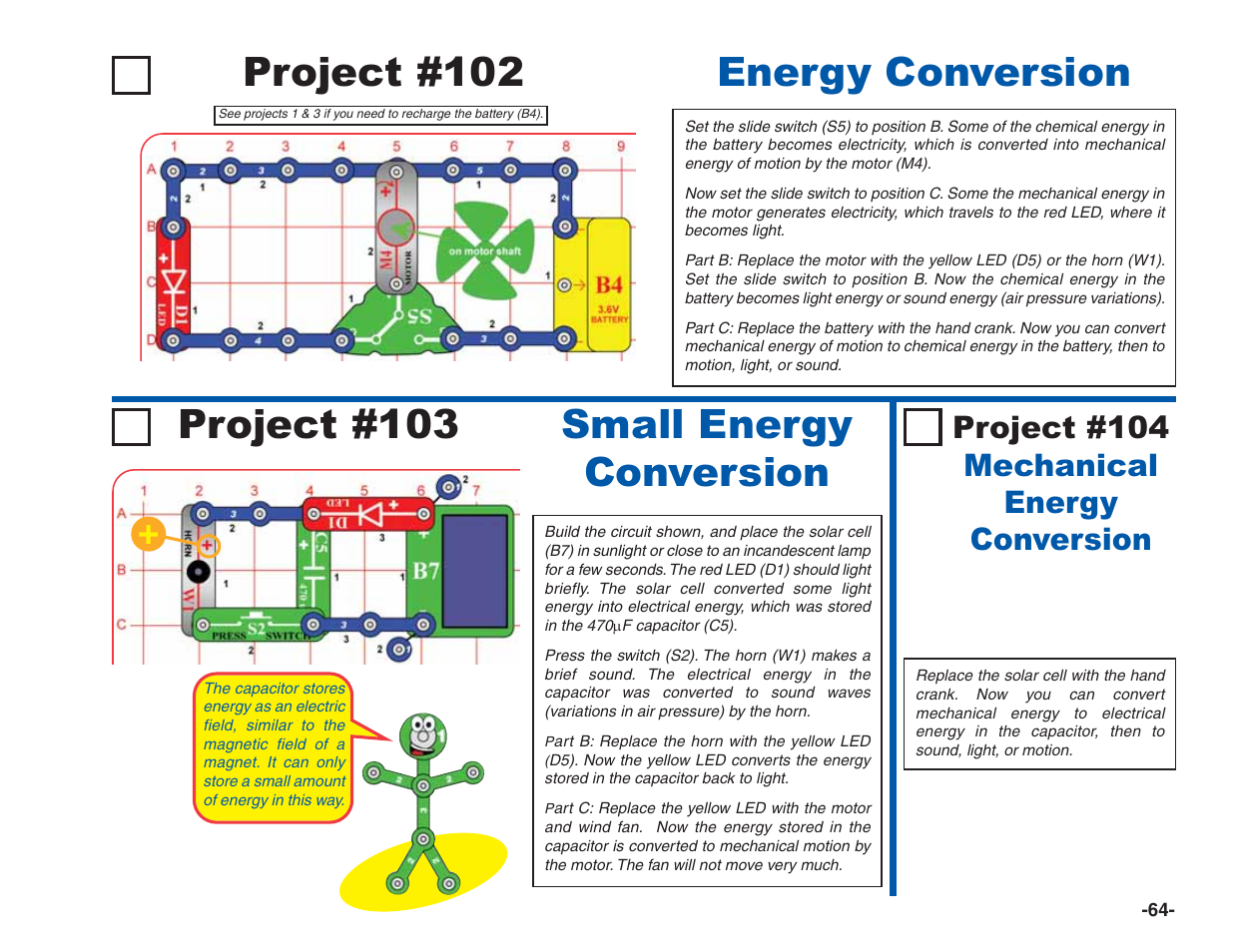 Project #103 small energy conversion, Project #102 energy conversion, Project #104 mechanical energy conversion | Elenco Green Projects User Manual | Page 65 / 80