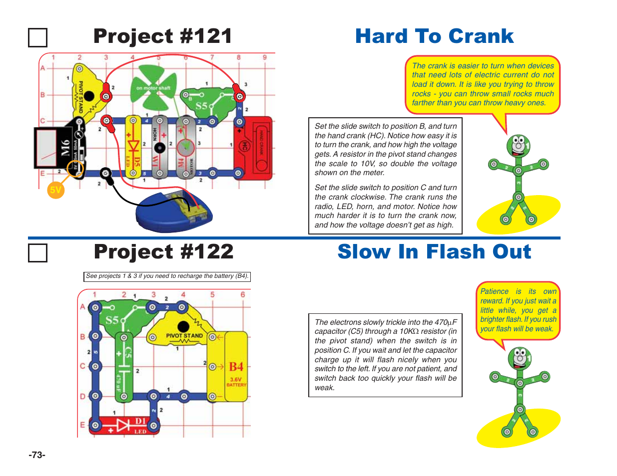 Project #122 slow in flash out hard to crank, Project #121 | Elenco Green Projects User Manual | Page 74 / 80