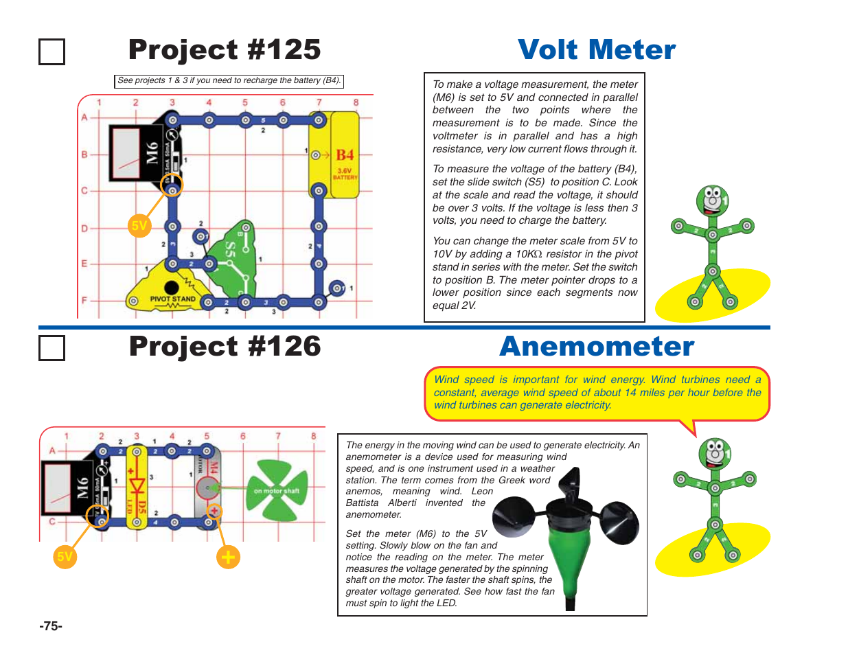 Project #126 anemometer volt meter, Project #125 | Elenco Green Projects User Manual | Page 76 / 80