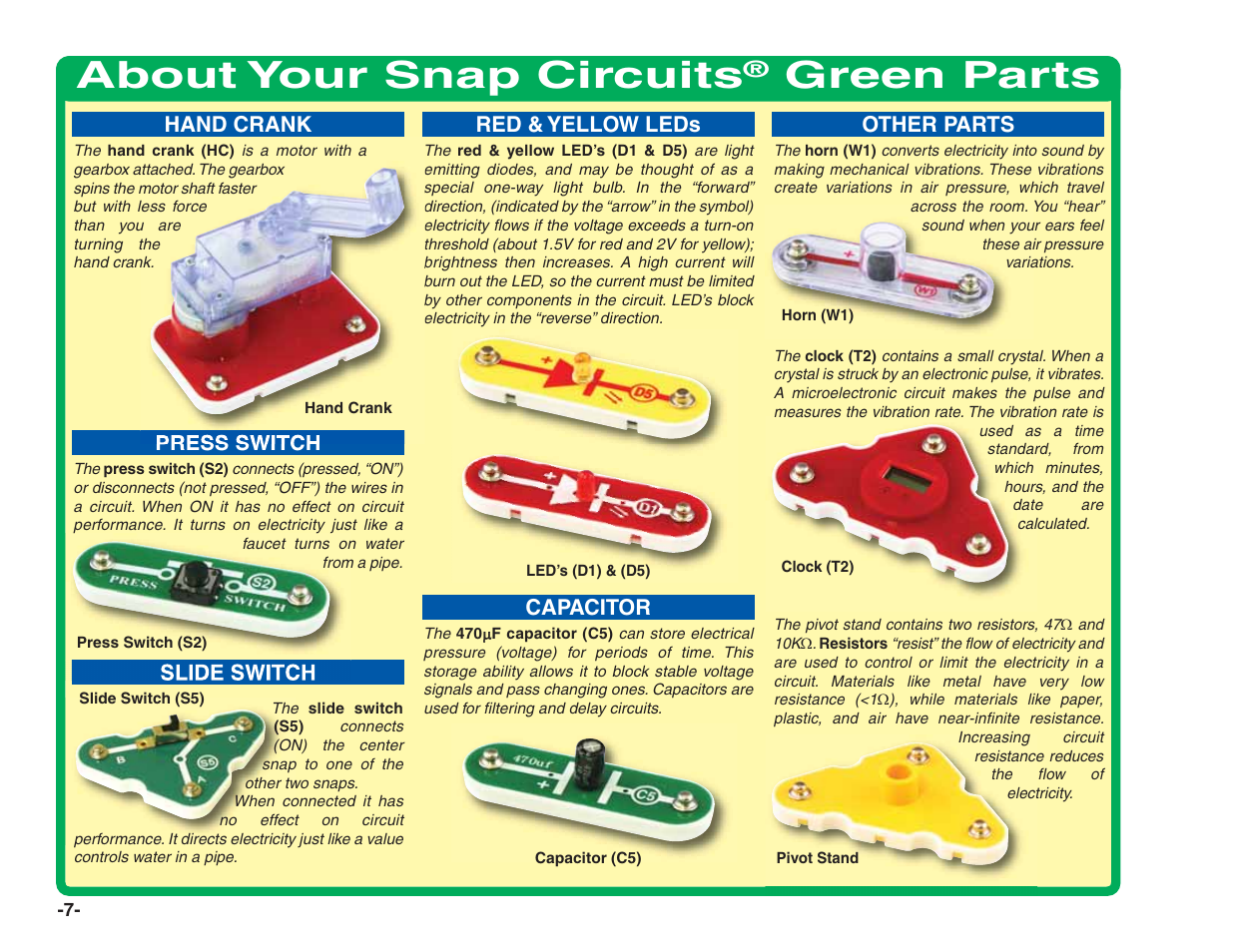 About your snap circuits, Green parts | Elenco Green Projects User Manual | Page 8 / 80