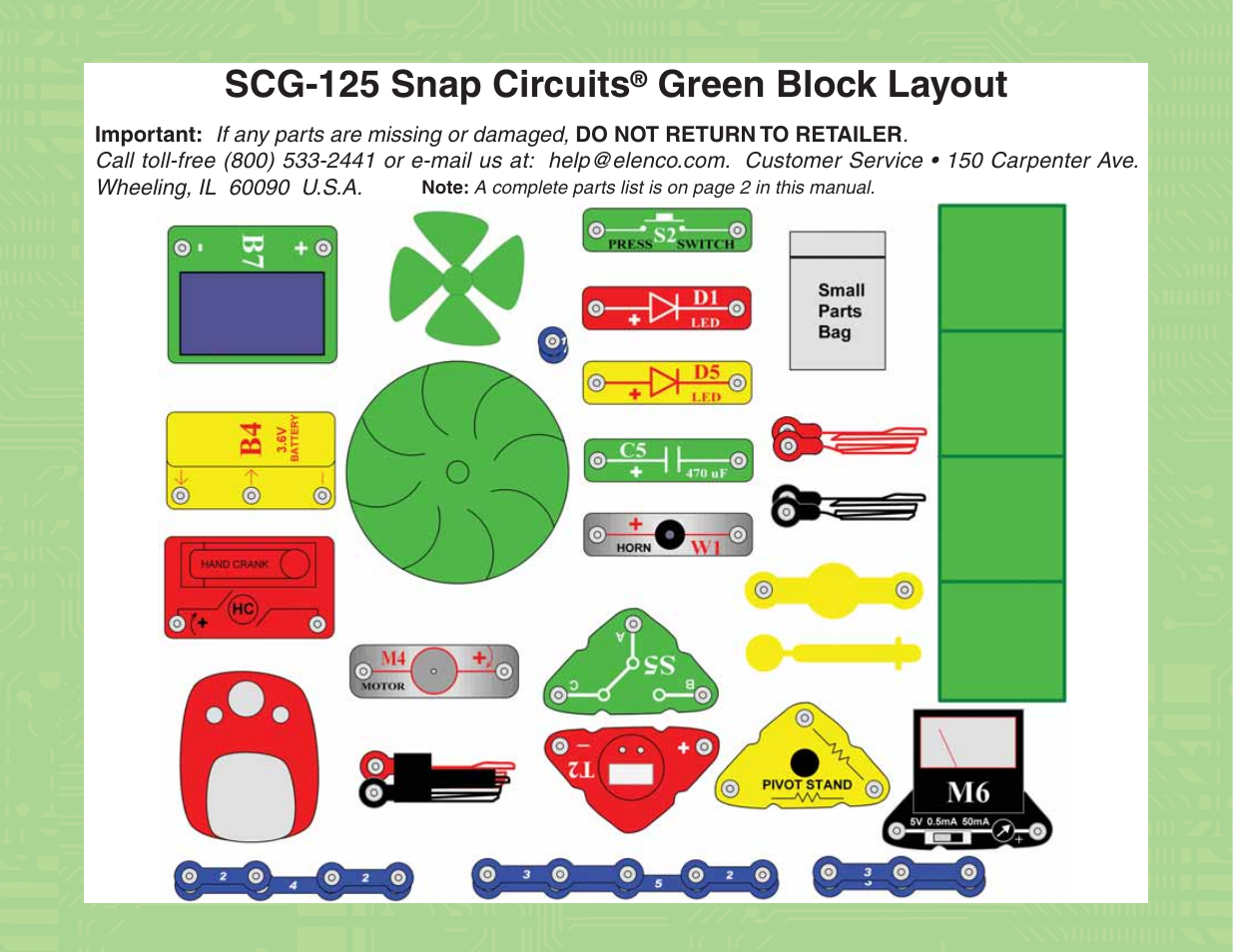 Scg-125 snap circuits, Green block layout | Elenco Green Projects User Manual | Page 80 / 80