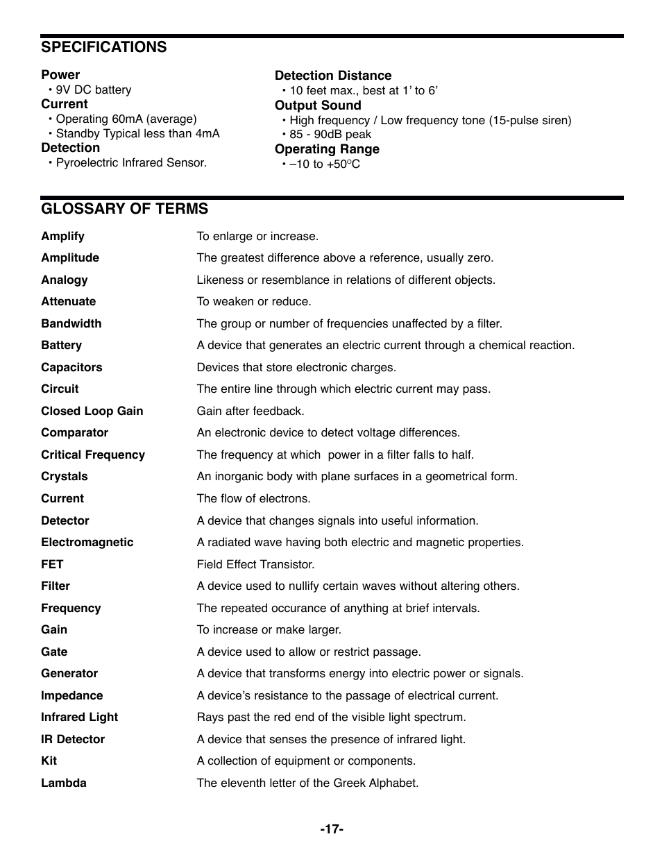 Specifications, Glossary of terms | Elenco Motion Detector Kit User Manual | Page 18 / 20