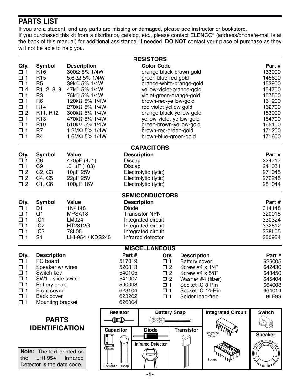 Parts list, Parts identification | Elenco Motion Detector Kit User Manual | Page 2 / 20