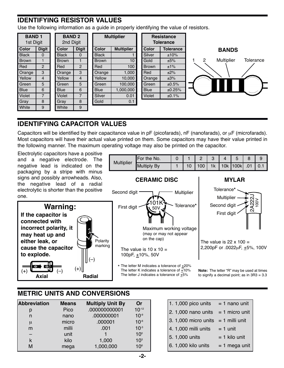 Warning, Identifying resistor values, Metric units and conversions | Identifying capacitor values, Ceramic disc mylar, 101k | Elenco Motion Detector Kit User Manual | Page 3 / 20