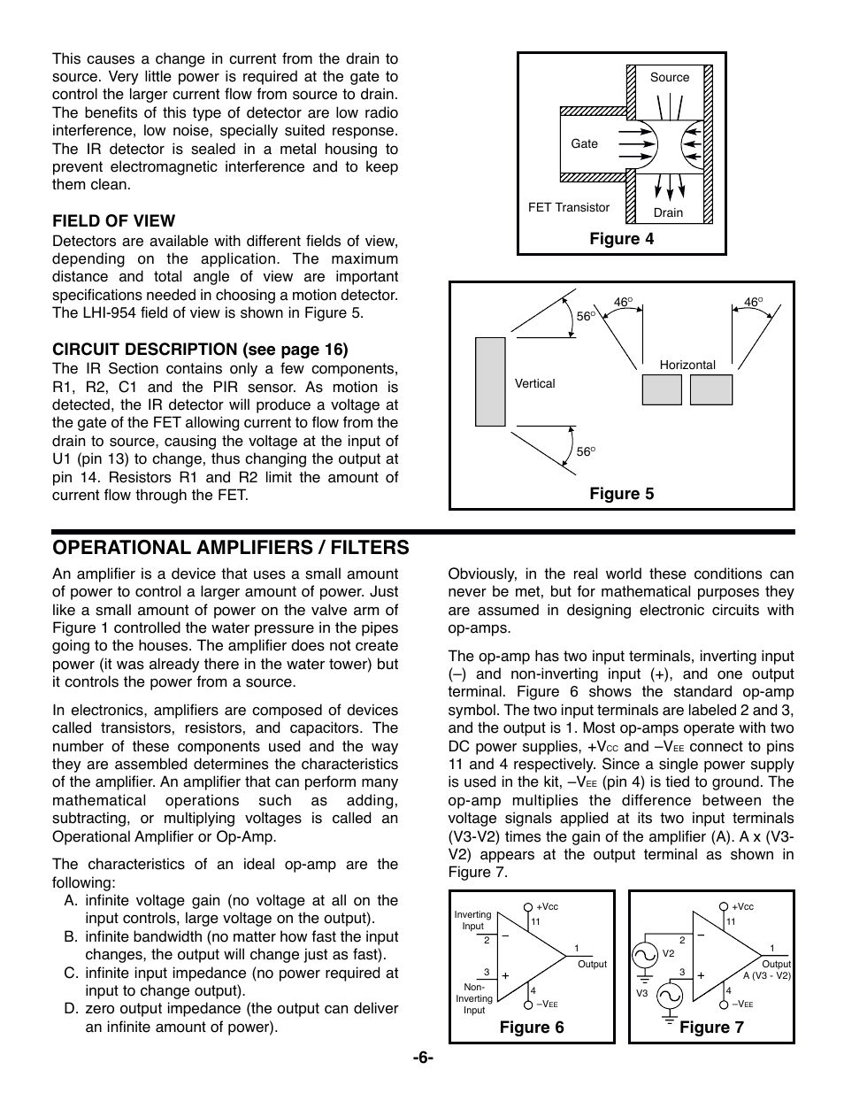 Operational amplifiers / filters, Field of view, Circuit description (see page 16) | Figure 4, Figure 5, Figure 6 figure 7, And –v | Elenco Motion Detector Kit User Manual | Page 7 / 20