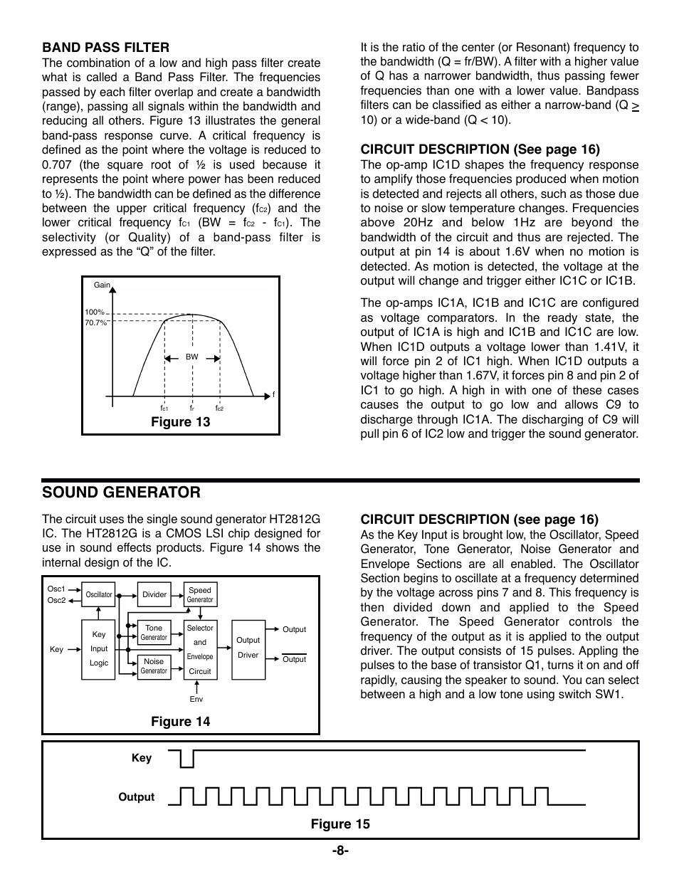 Sound generator, Figure 15, Band pass filter | Circuit description (see page 16), Figure 13, Figure 14, And the lower critical frequency f, Bw = f | Elenco Motion Detector Kit User Manual | Page 9 / 20
