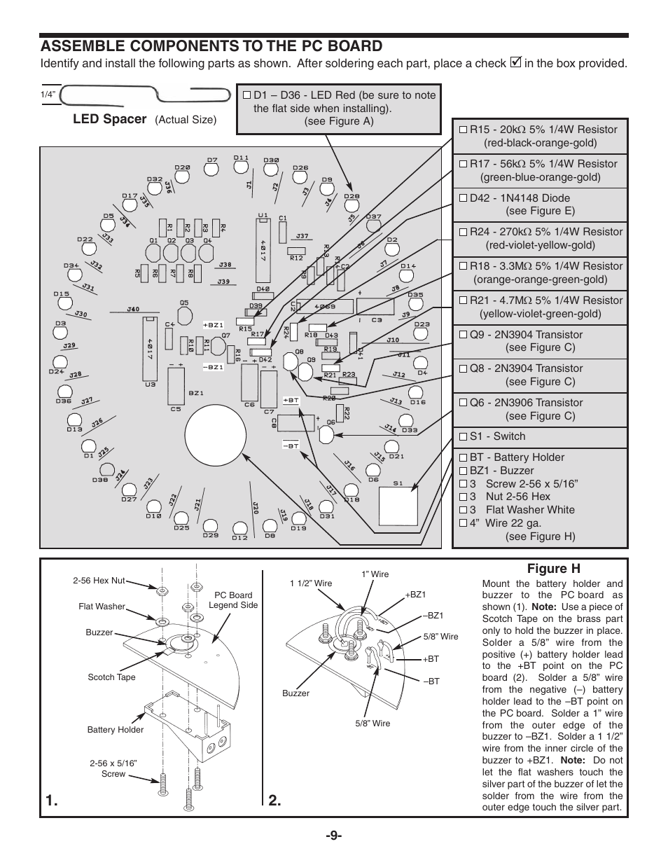 Assemble components to the pc board, Led spacer, Figure h | Elenco Digital Roulette Kit User Manual | Page 10 / 16