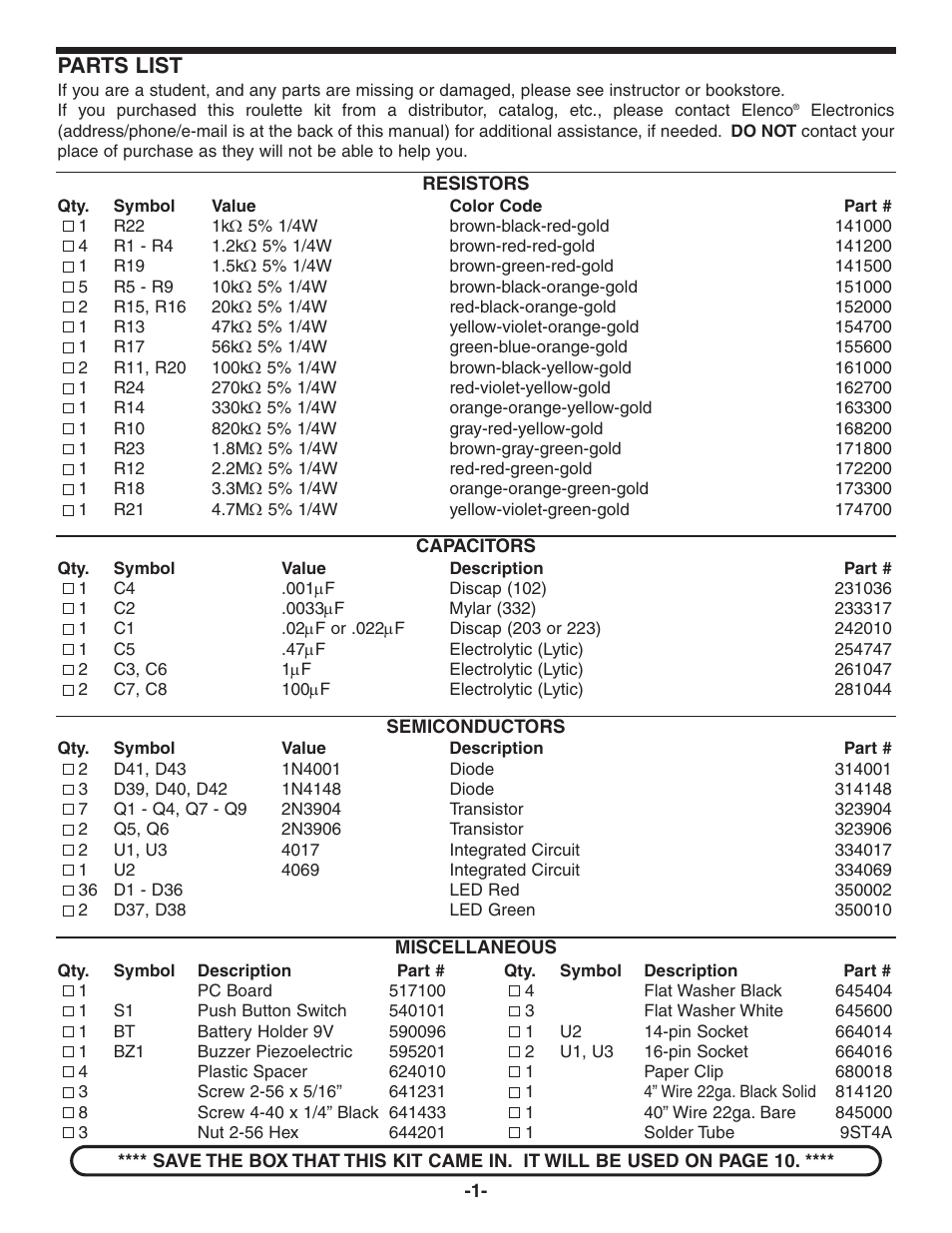 Parts list | Elenco Digital Roulette Kit User Manual | Page 2 / 16