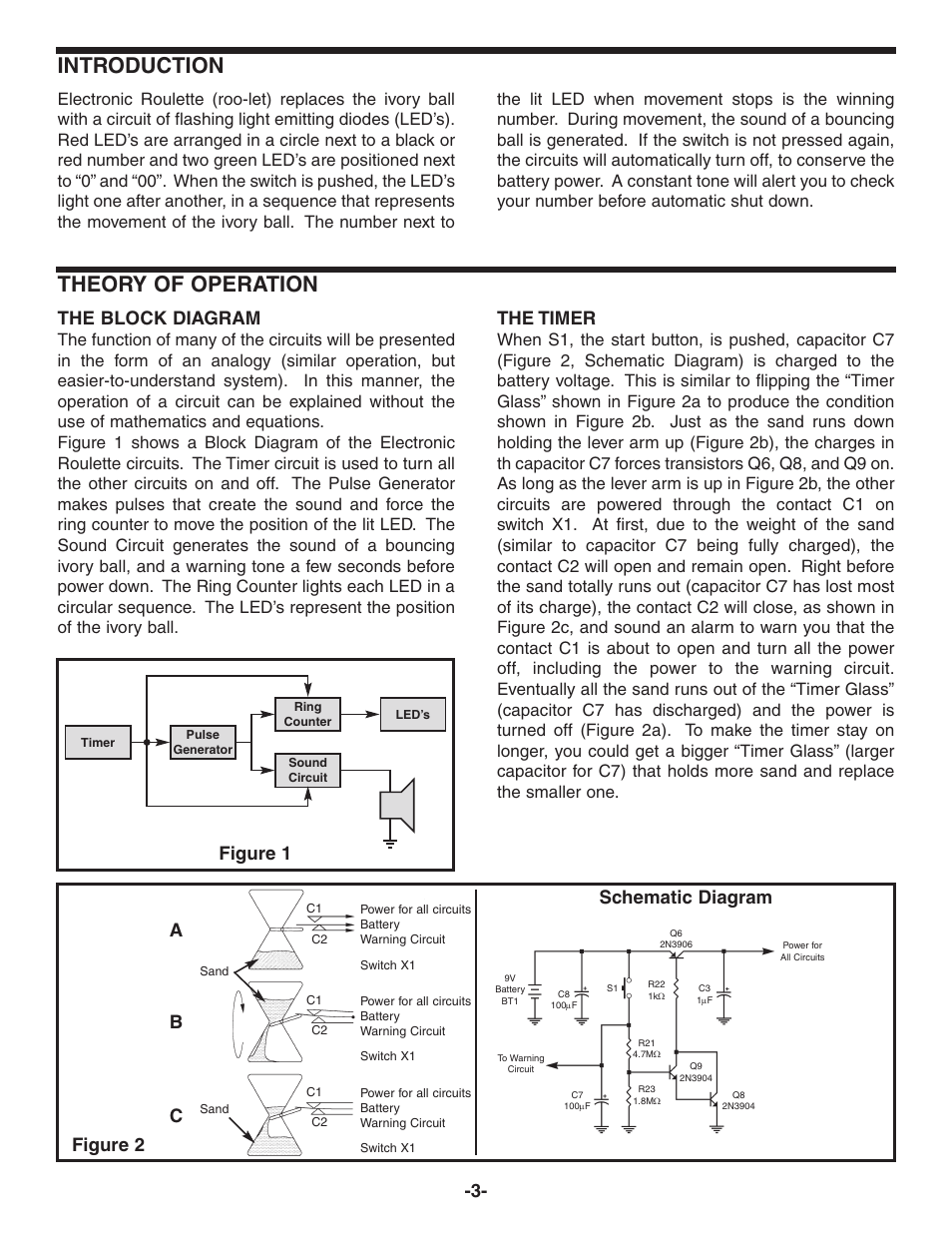 Introduction, Theory of operation, The block diagram | The timer, Figure 1 figure 2, Schematic diagram a b c | Elenco Digital Roulette Kit User Manual | Page 4 / 16