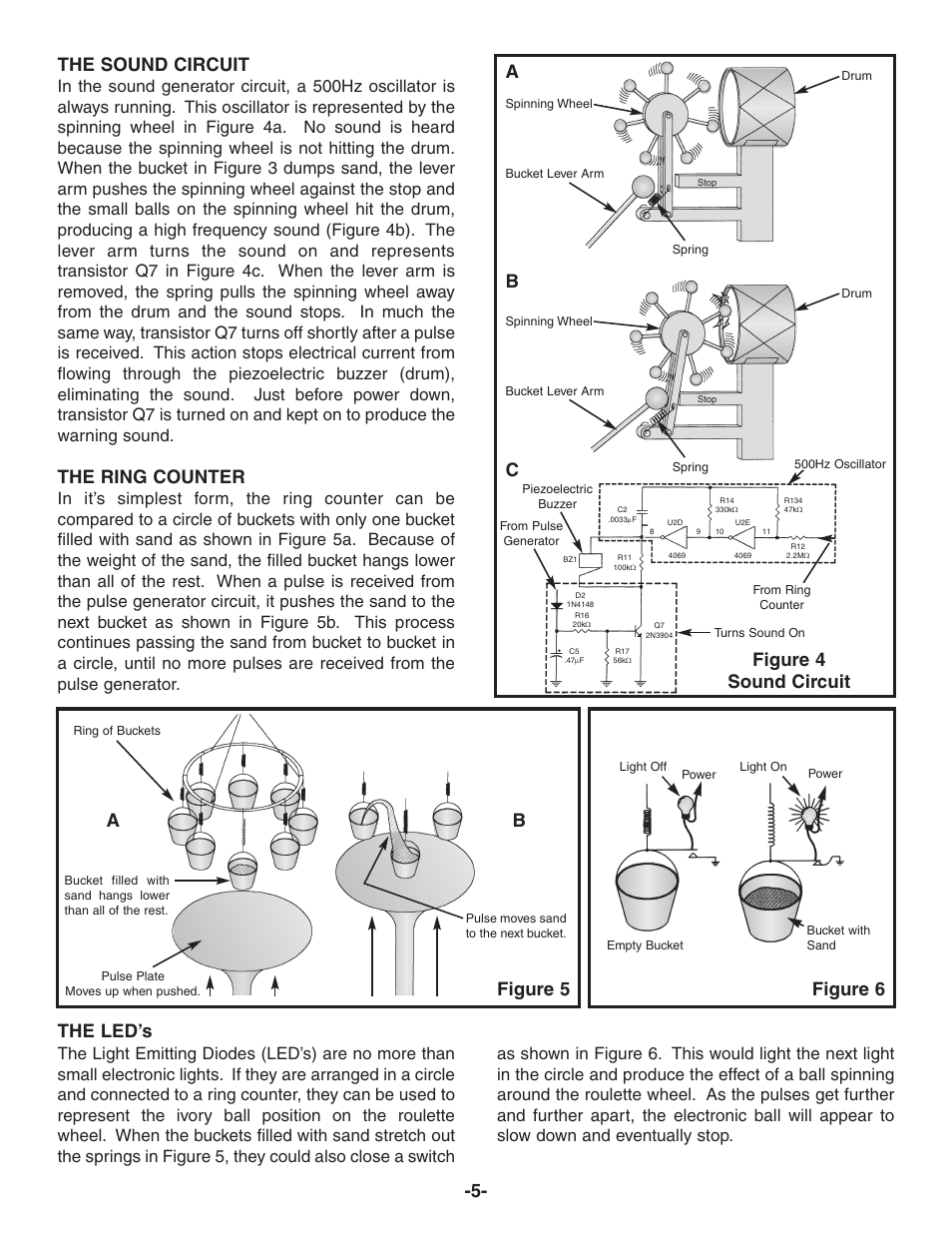 The sound circuit, The ring counter, The led’s -5 | Figure 4 sound circuit a b c, Figure 5 figure 6 a b | Elenco Digital Roulette Kit User Manual | Page 6 / 16