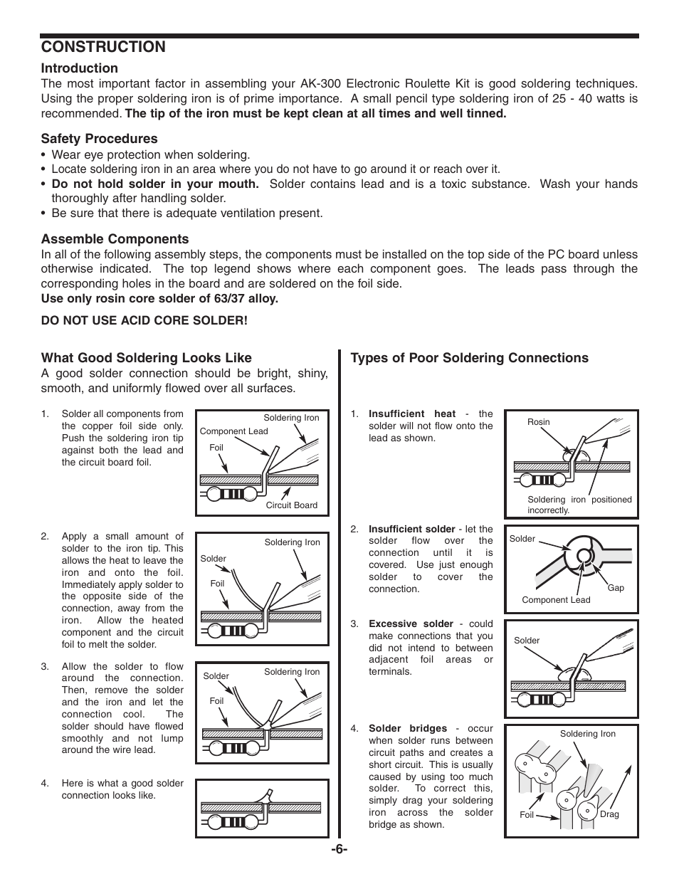 Construction, Introduction, Safety procedures | Assemble components, What good soldering looks like, Types of poor soldering connections | Elenco Digital Roulette Kit User Manual | Page 7 / 16