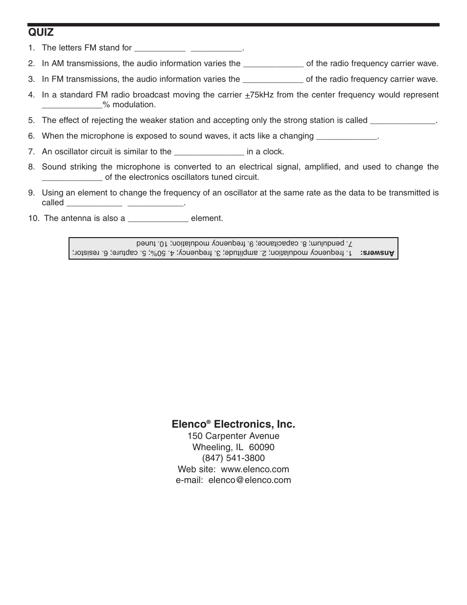 Quiz, Elenco, Electronics, inc | Elenco FM Wireless Microphone Kit User Manual | Page 12 / 12