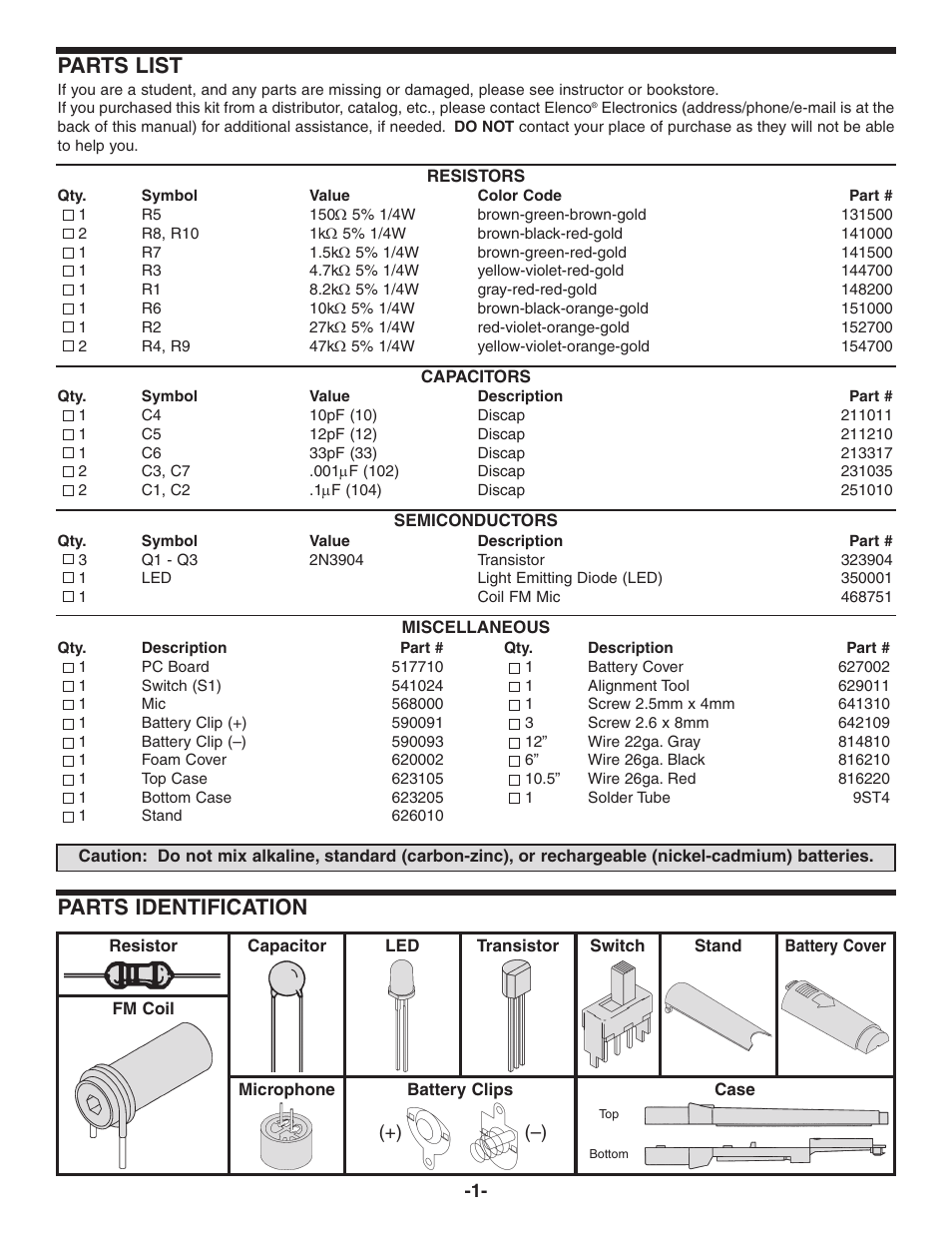 Parts list, Parts identification | Elenco FM Wireless Microphone Kit User Manual | Page 2 / 12