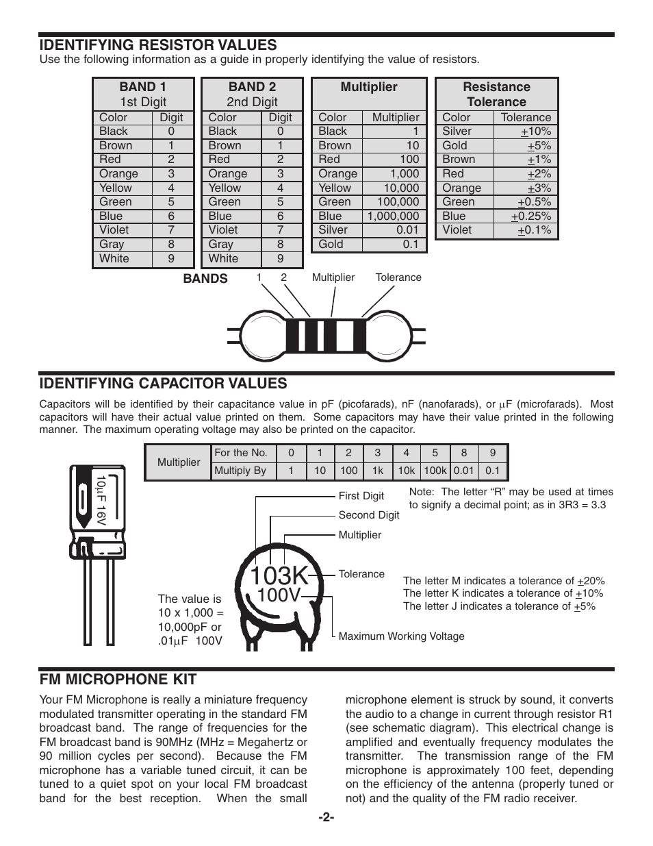 103k, 100v, Fm microphone kit | Identifying resistor values, Identifying capacitor values | Elenco FM Wireless Microphone Kit User Manual | Page 3 / 12