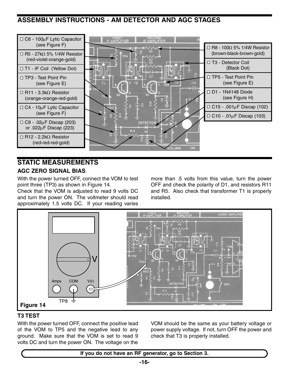 Assembly instructions - am detector and agc stages, Static measurements | Elenco AM Radio Kit User Manual | Page 17 / 32