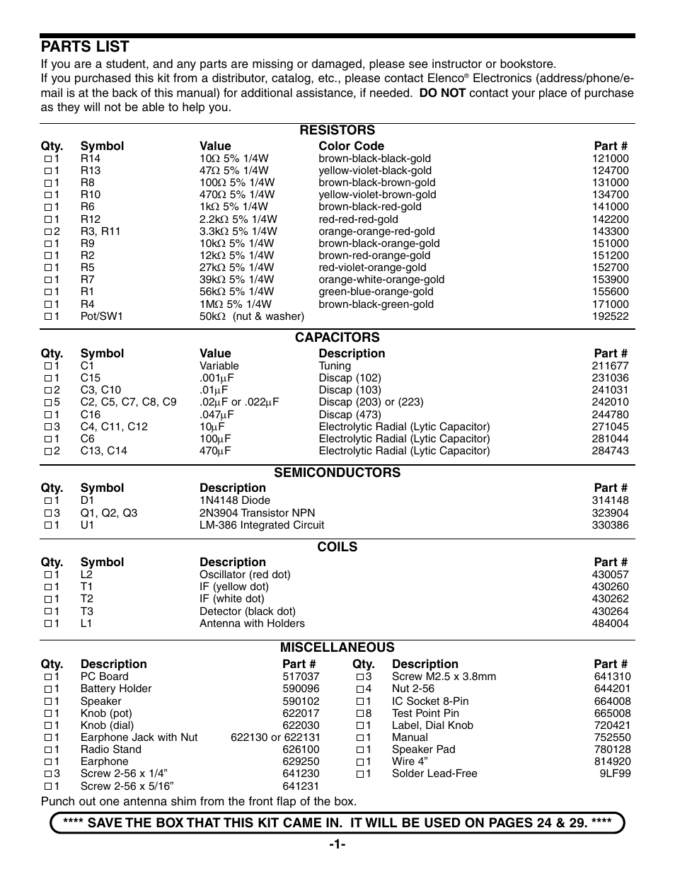 Parts list | Elenco AM Radio Kit User Manual | Page 2 / 32