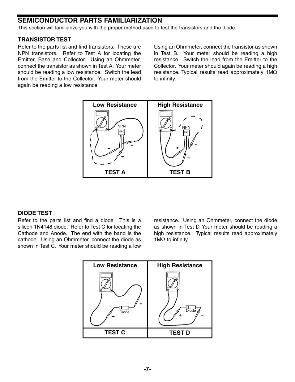 Semiconductor parts familiarization, Test c test d high resistance, Low resistance | Test a test b low resistance, High resistance, Transistor test, Diode test | Elenco AM Radio Kit User Manual | Page 8 / 32