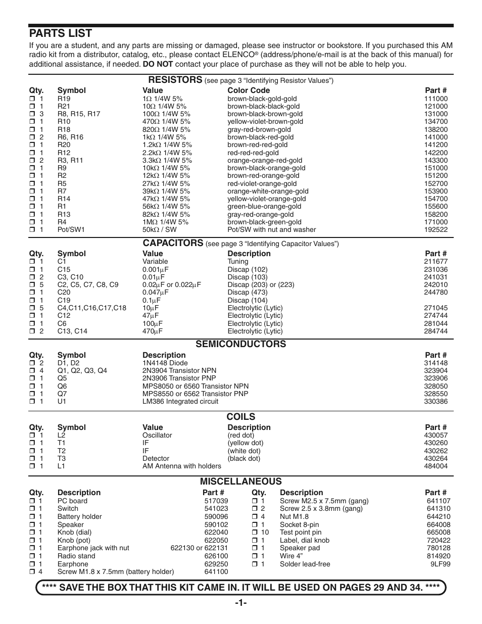 Parts list, Resistors, Capacitors | Semiconductors, Coils | Elenco AM Radio Kit User Manual | Page 2 / 36