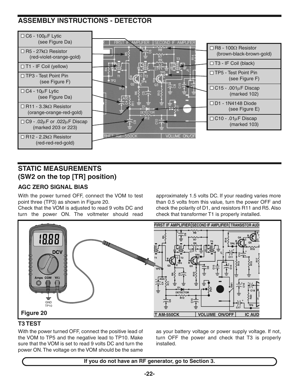 Assembly instructions - detector, Static measurements (sw2 on the top [tr] position) | Elenco AM Radio Kit User Manual | Page 23 / 36