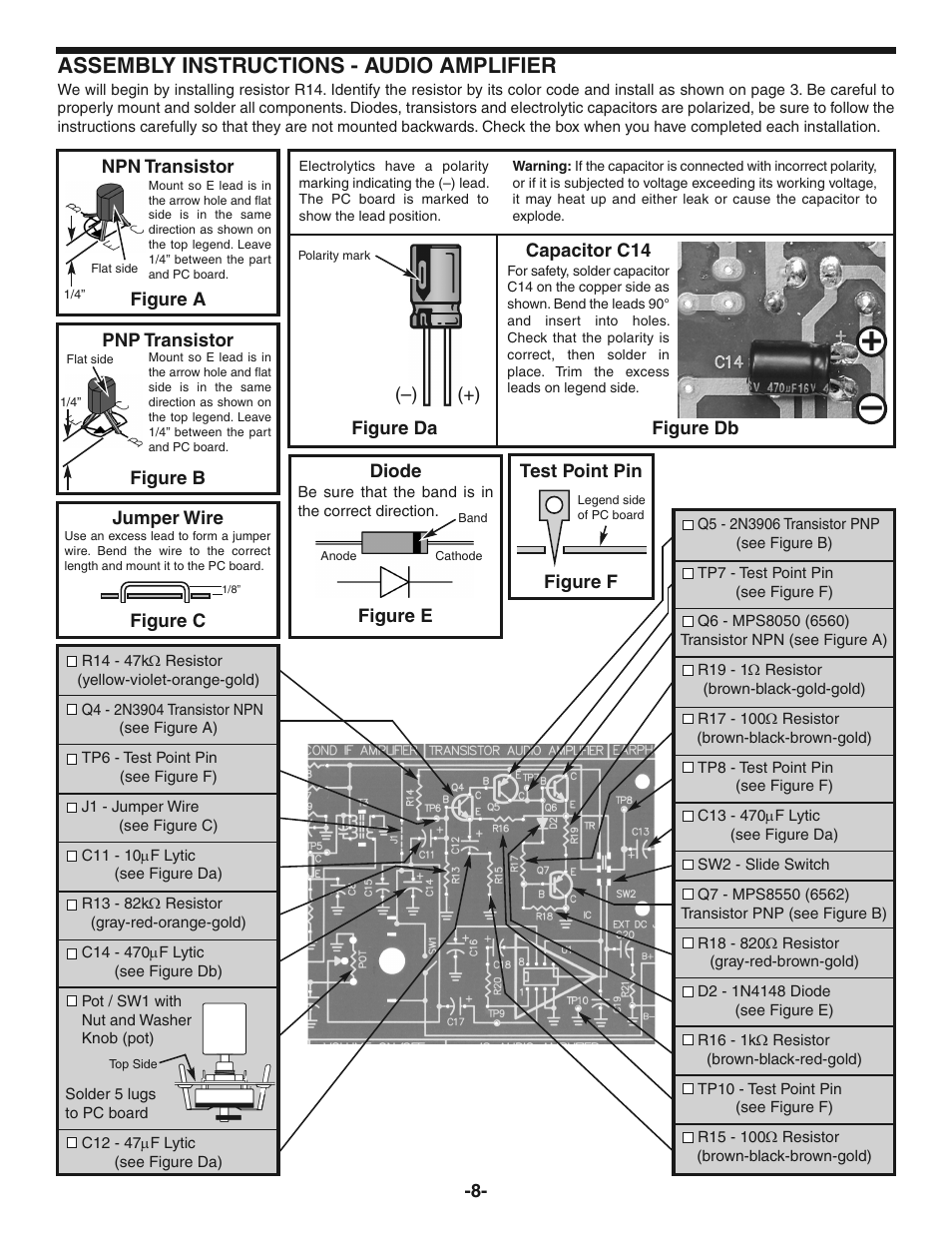 Assembly instructions - audio amplifier | Elenco AM Radio Kit User Manual | Page 9 / 36