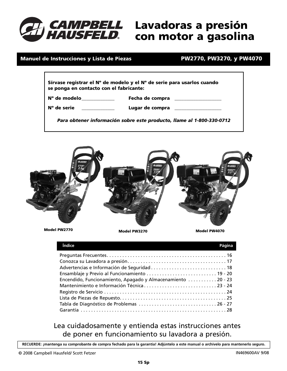 Lavadoras a presión con motor a gasolina | Campbell Hausfeld PW4070 User Manual | Page 15 / 28