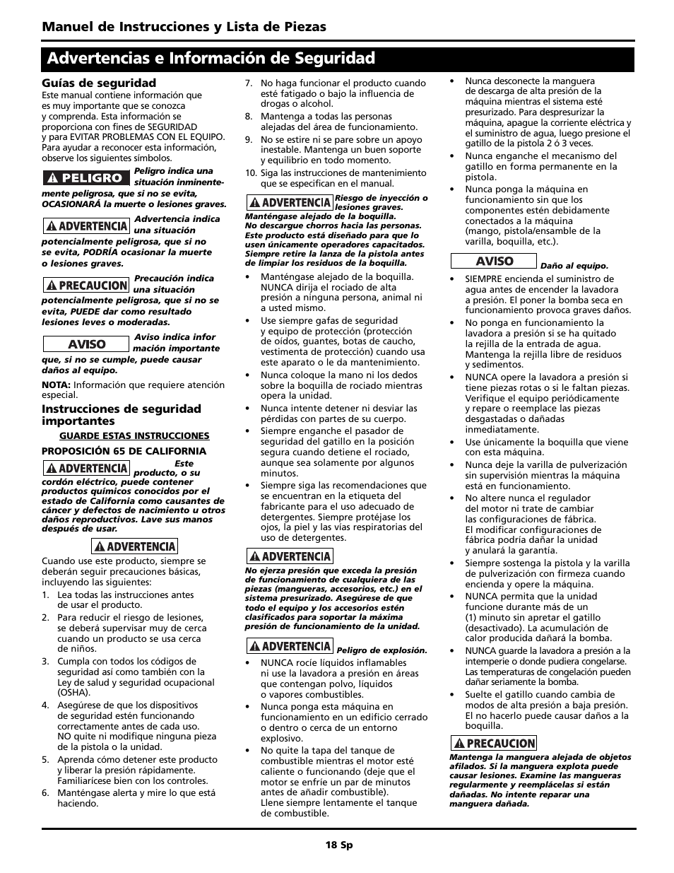 Advertencias e información de seguridad, Manuel de instrucciones y lista de piezas | Campbell Hausfeld PW4070 User Manual | Page 18 / 28