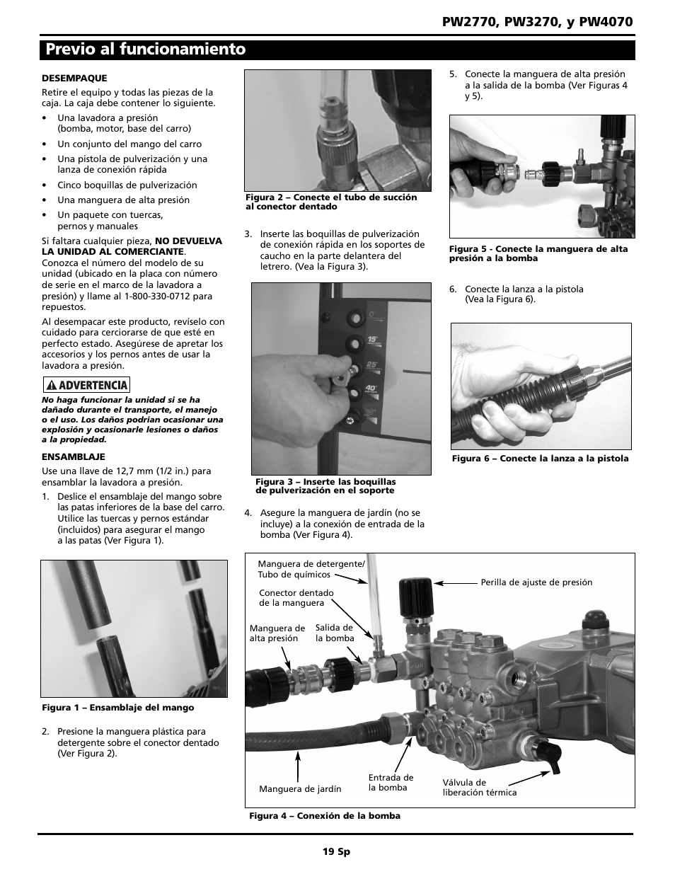 Previo al funcionamiento | Campbell Hausfeld PW4070 User Manual | Page 19 / 28