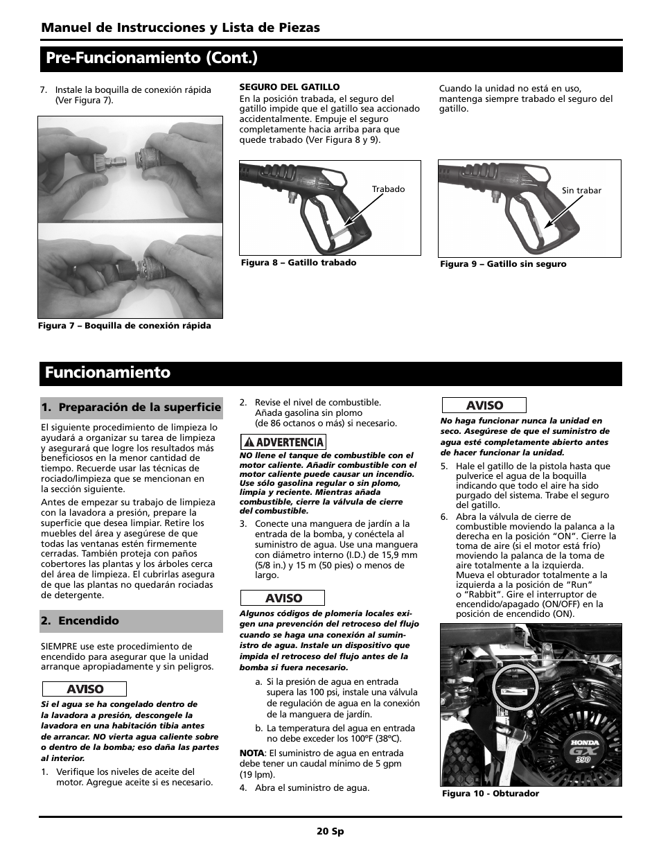 Pre-funcionamiento (cont.), Funcionamiento, Manuel de instrucciones y lista de piezas | Campbell Hausfeld PW4070 User Manual | Page 20 / 28