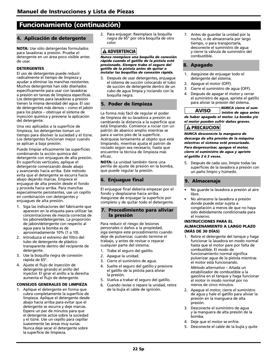 Funcionamiento (continuación), Manuel de instrucciones y lista de piezas | Campbell Hausfeld PW4070 User Manual | Page 22 / 28