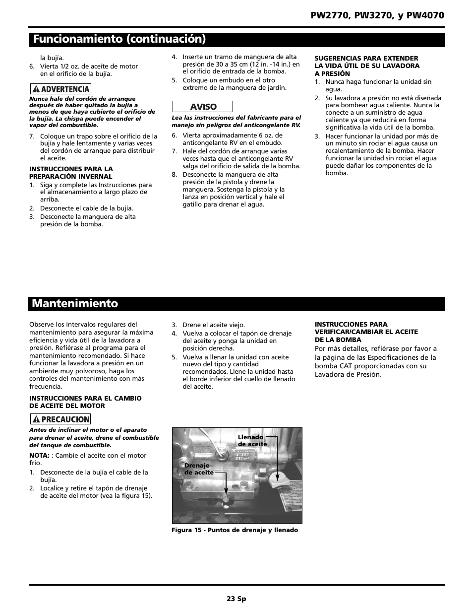 Funcionamiento (continuación), Mantenimiento | Campbell Hausfeld PW4070 User Manual | Page 23 / 28