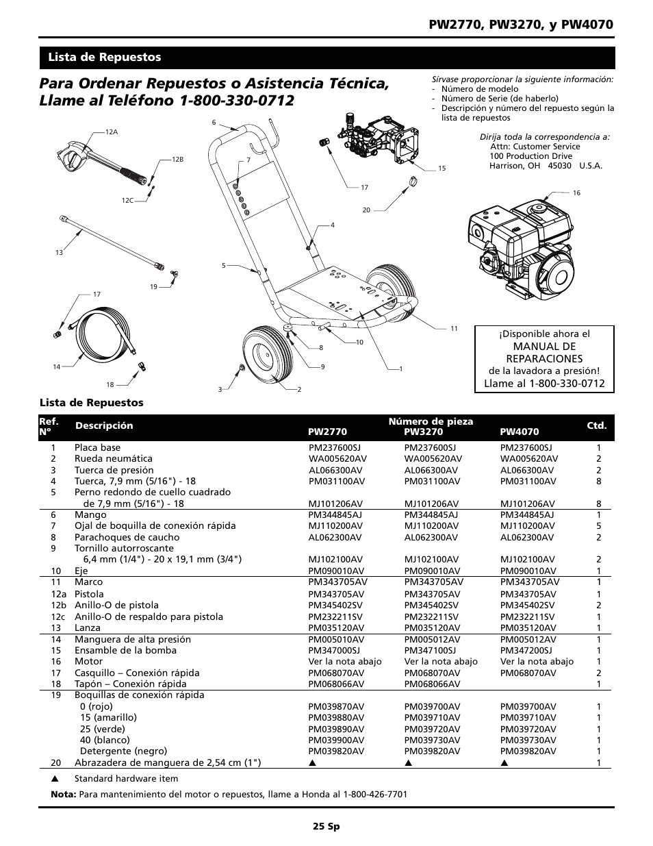 Lista de repuestos | Campbell Hausfeld PW4070 User Manual | Page 25 / 28