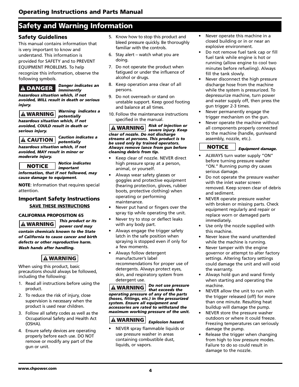 Safety and warning information, Operating instructions and parts manual | Campbell Hausfeld PW4070 User Manual | Page 4 / 28