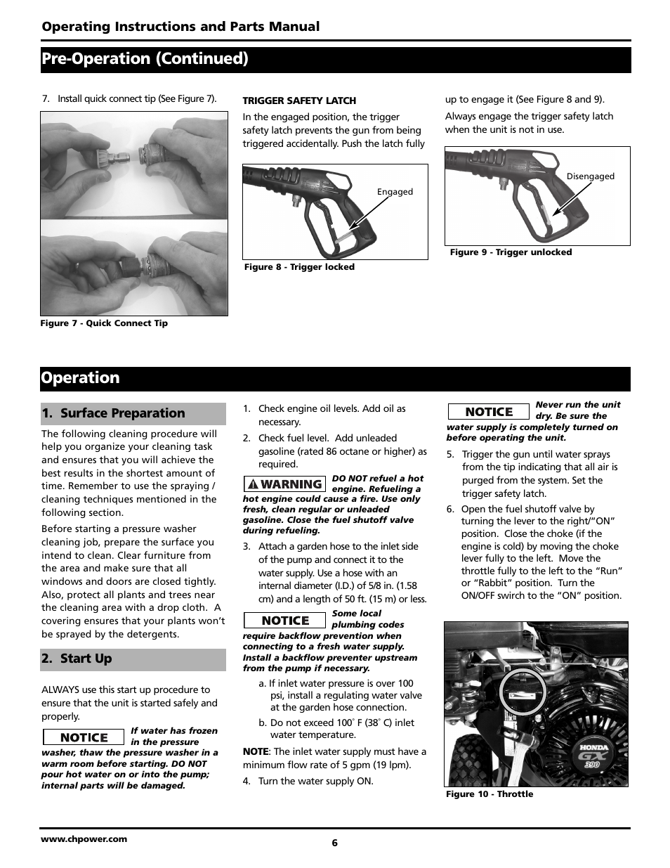 Pre-operation (continued), Operation | Campbell Hausfeld PW4070 User Manual | Page 6 / 28