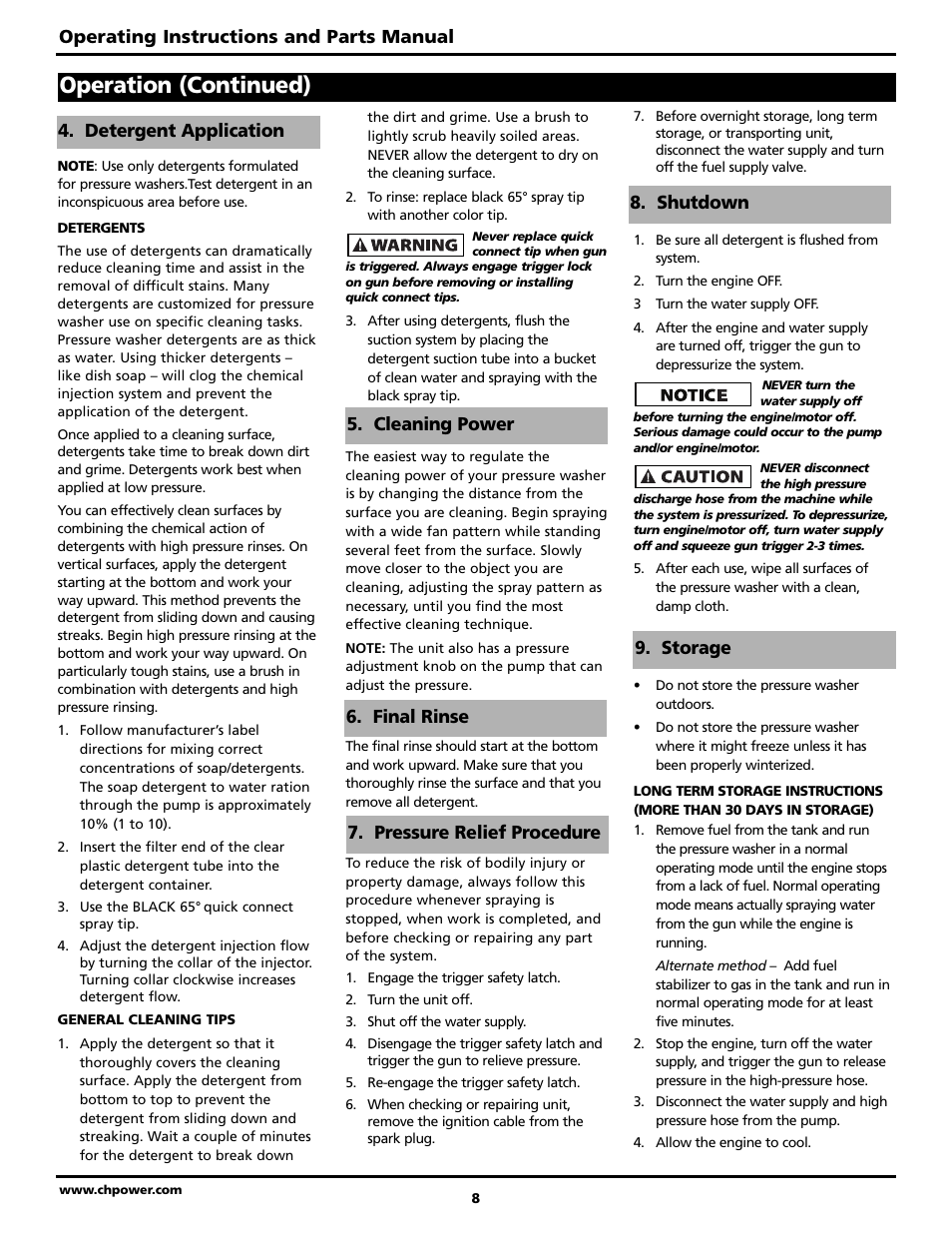 Operation (continued), Operating instructions and parts manual | Campbell Hausfeld PW4070 User Manual | Page 8 / 28