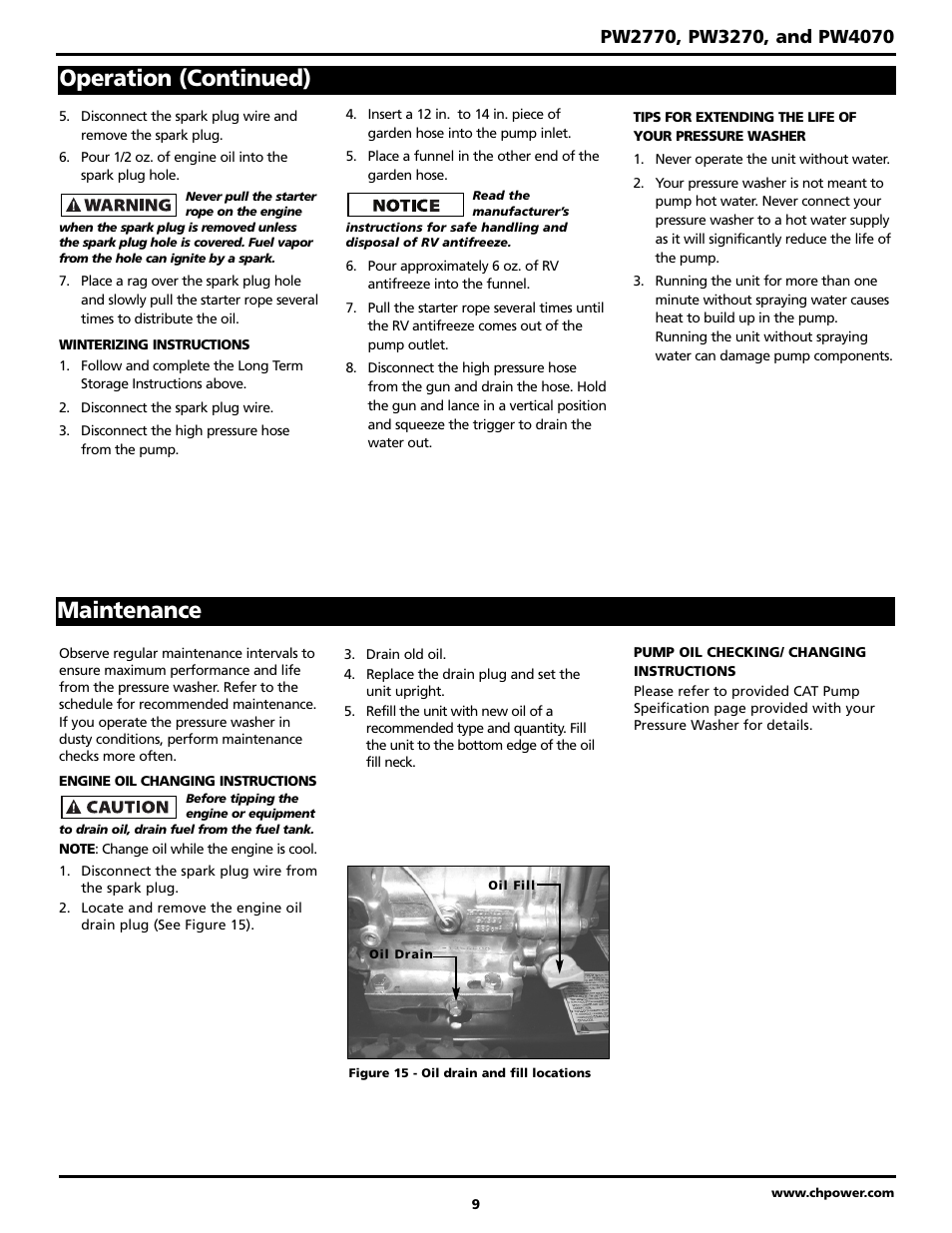 Operation (continued), Maintenance | Campbell Hausfeld PW4070 User Manual | Page 9 / 28