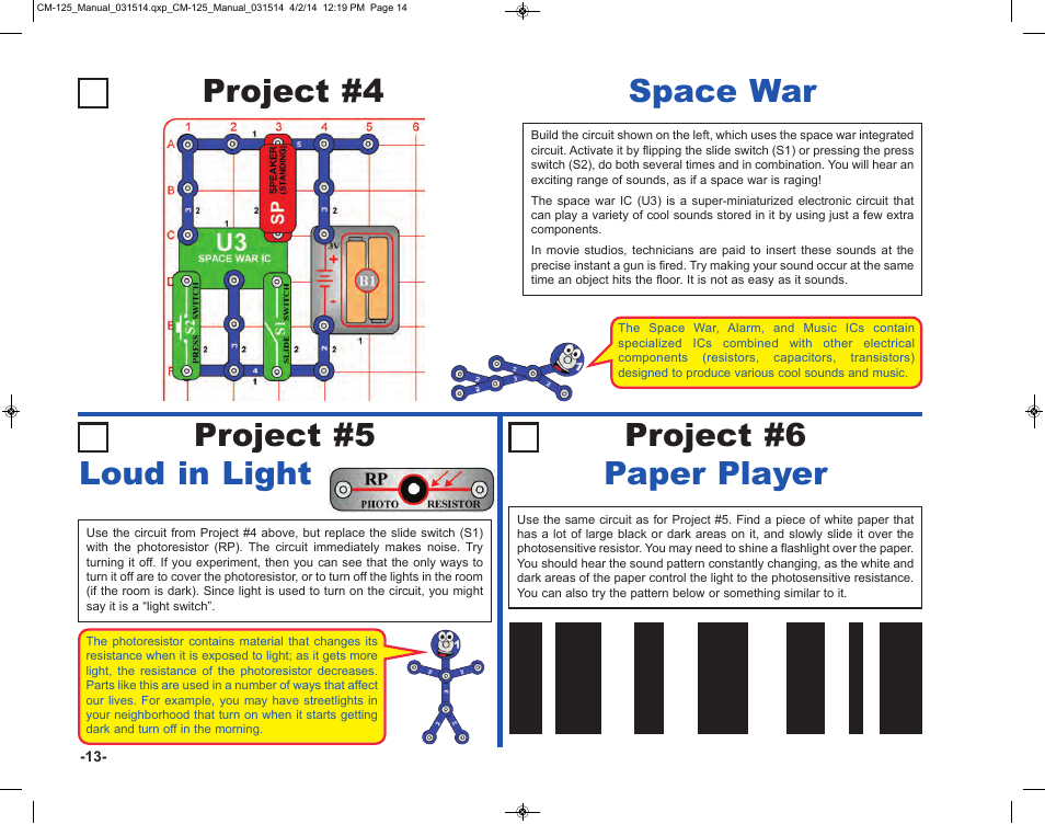 Project #4 space war, Project #5 loud in light project #6 paper player | Elenco Circuit Maker Skill Builder 125 User Manual | Page 14 / 64