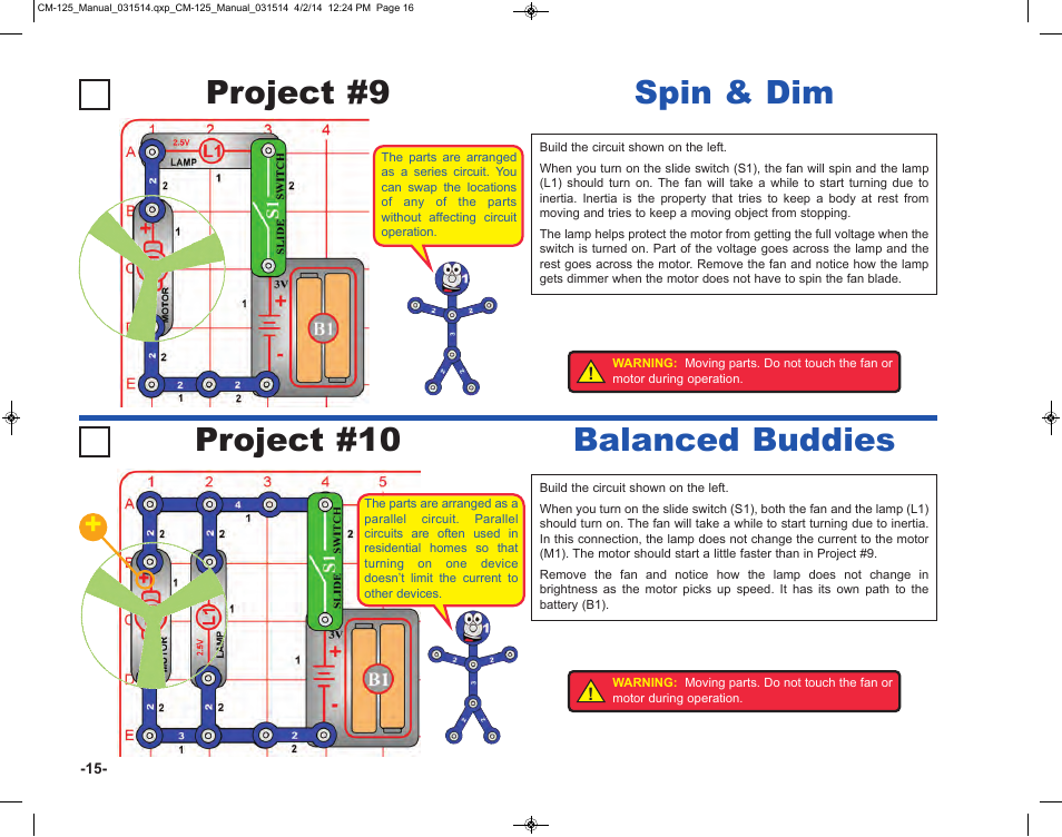 Project #9 spin & dim project #10 balanced buddies | Elenco Circuit Maker Skill Builder 125 User Manual | Page 16 / 64