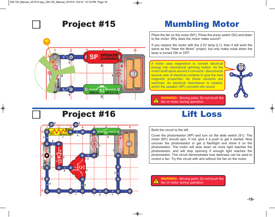 Project #15 project #16 lift loss, Mumbling motor | Elenco Circuit Maker Skill Builder 125 User Manual | Page 19 / 64