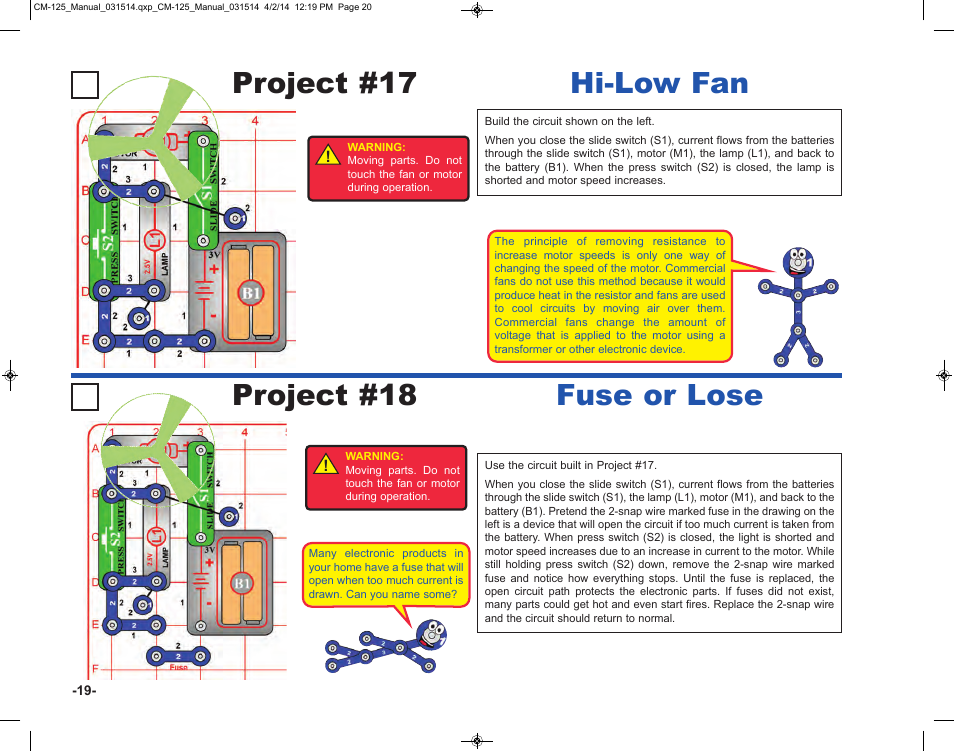 Project #17 hi-low fan fuse or lose, Project #18 | Elenco Circuit Maker Skill Builder 125 User Manual | Page 20 / 64