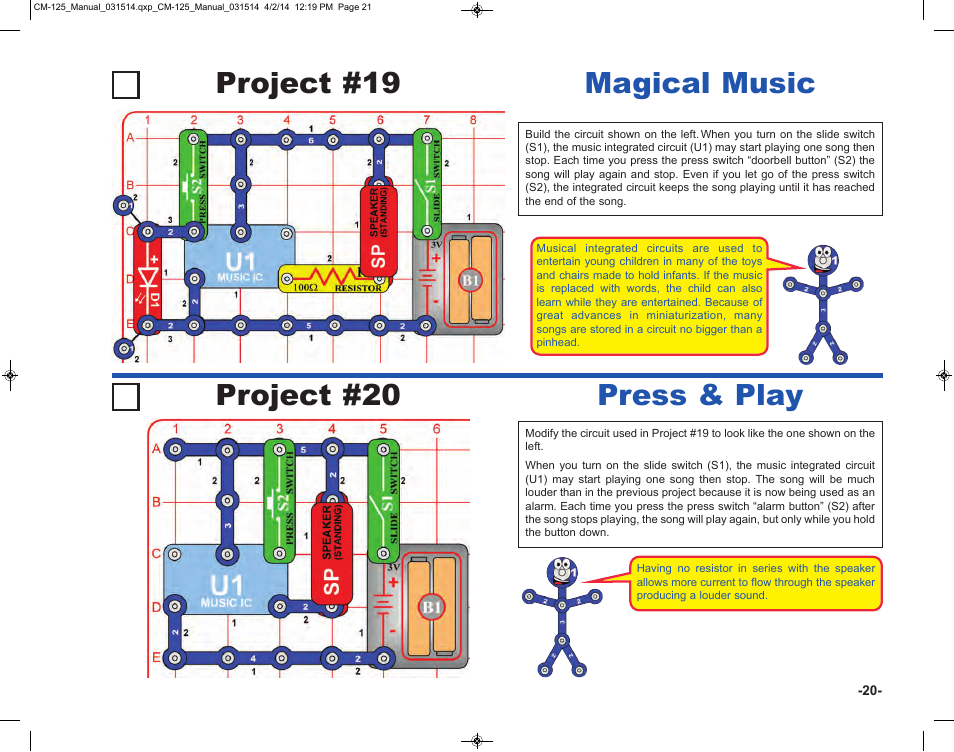 Project #19 magical music project #20 press & play | Elenco Circuit Maker Skill Builder 125 User Manual | Page 21 / 64