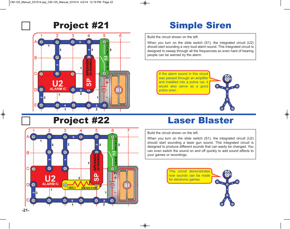 Project #21 simple siren project #22 laser blaster | Elenco Circuit Maker Skill Builder 125 User Manual | Page 22 / 64