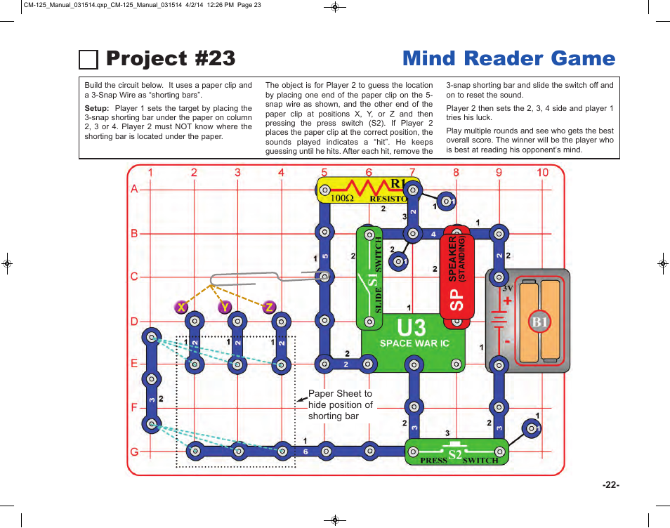Project #23 mind reader game | Elenco Circuit Maker Skill Builder 125 User Manual | Page 23 / 64