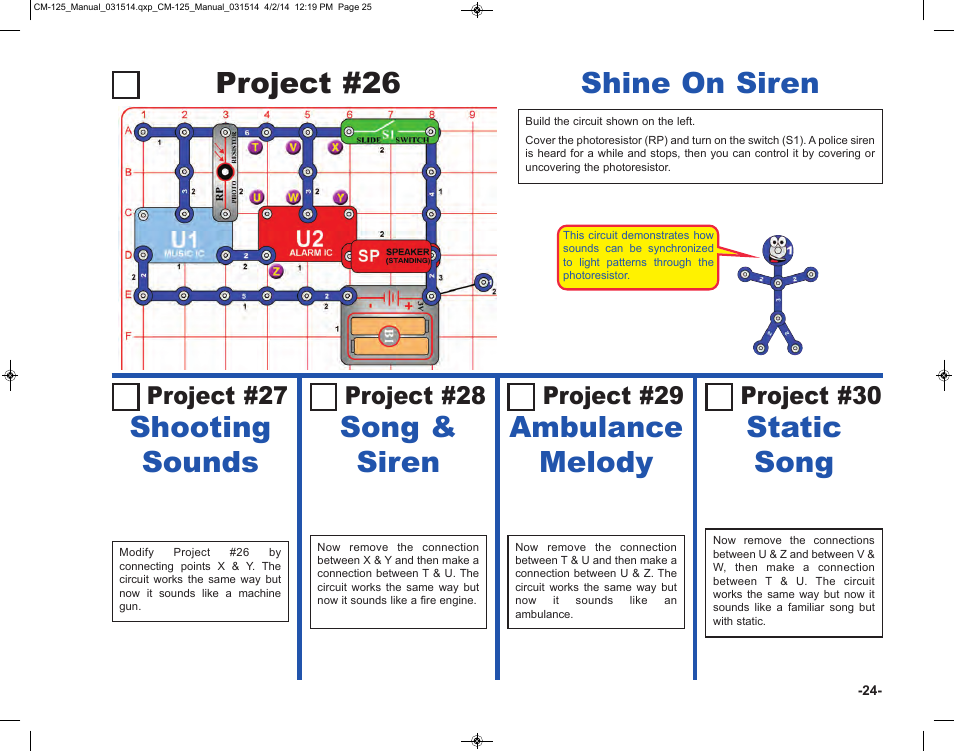 Project #26 shine on siren, Shooting sounds, Song & siren | Static song, Ambulance melody, Project #27, Project #28, Project #30, Project #29 | Elenco Circuit Maker Skill Builder 125 User Manual | Page 25 / 64