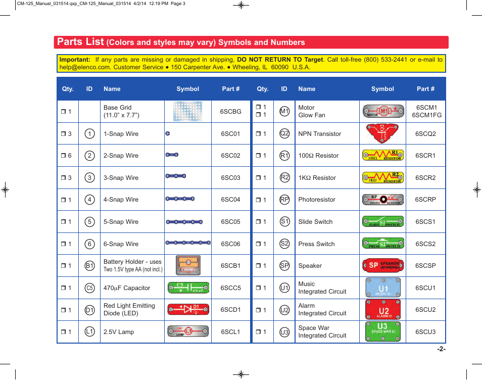 Parts list | Elenco Circuit Maker Skill Builder 125 User Manual | Page 3 / 64