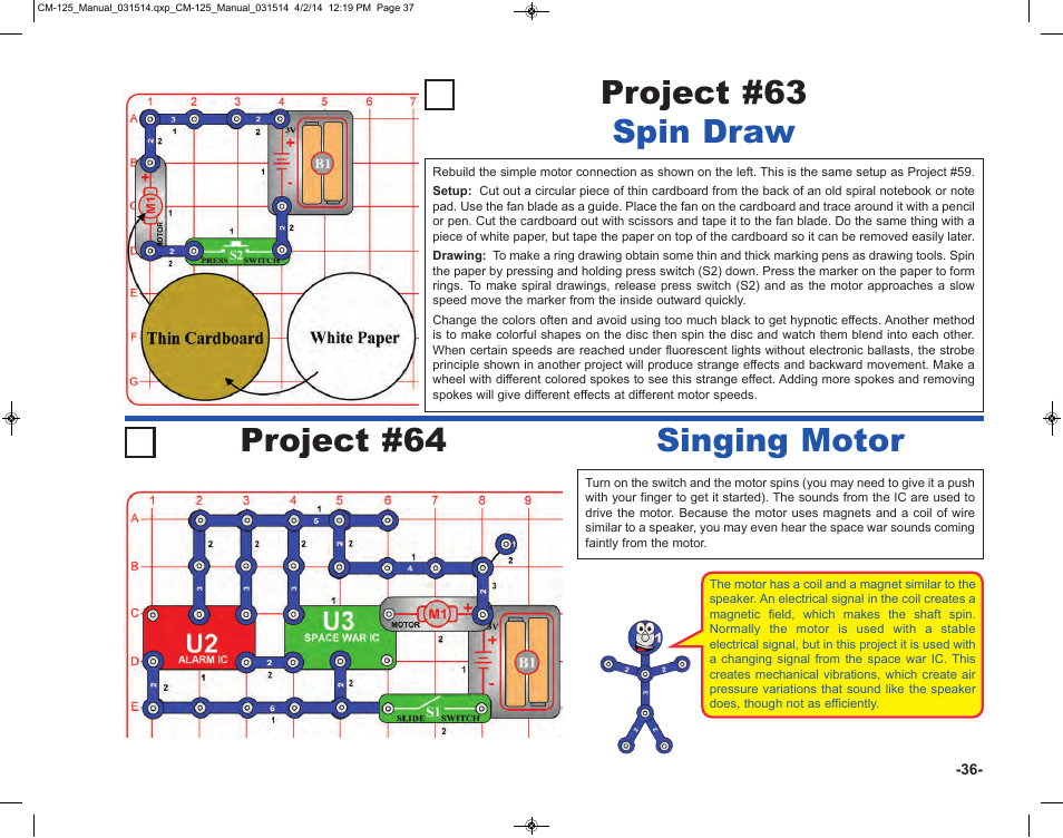 Project #63 spin draw project #64 singing motor | Elenco Circuit Maker Skill Builder 125 User Manual | Page 37 / 64