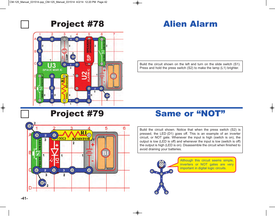 Project #79 same or “not, Project #78 alien alarm | Elenco Circuit Maker Skill Builder 125 User Manual | Page 42 / 64