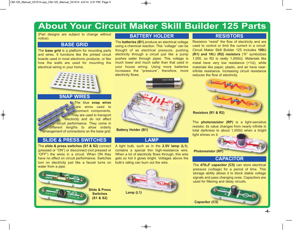 About your circuit maker skill builder 125 parts | Elenco Circuit Maker Skill Builder 125 User Manual | Page 5 / 64