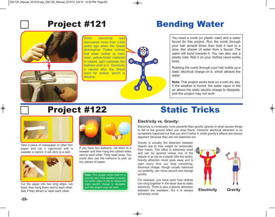 Project #121 bending water, Project #122 static tricks | Elenco Circuit Maker Skill Builder 125 User Manual | Page 60 / 64